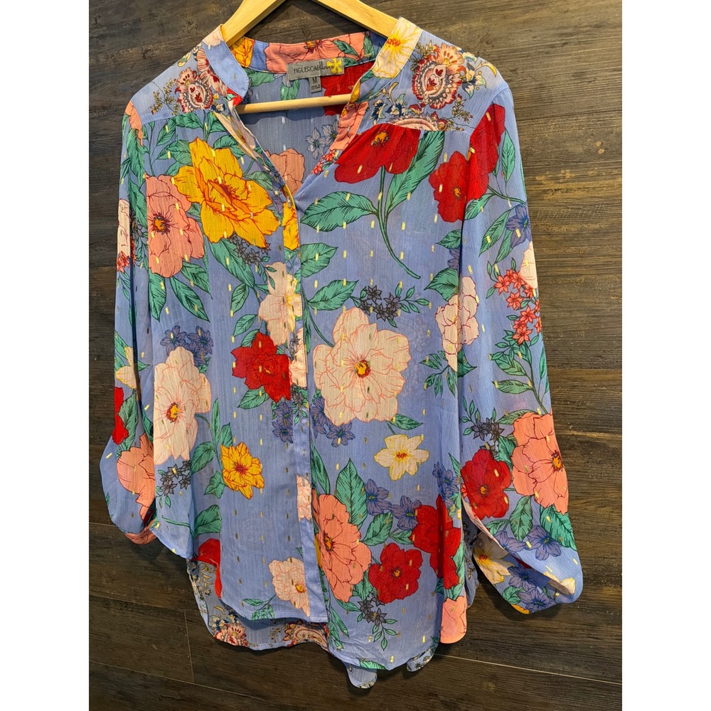 Figueroa & Flower Blue Floral Gold Lurex Roll Tab Blouse ROX3647TK Womens Medium